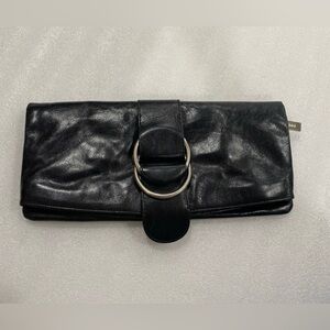 HOBO International Fold over Magnet Zip Close Ring Accents Leather Clutch Black